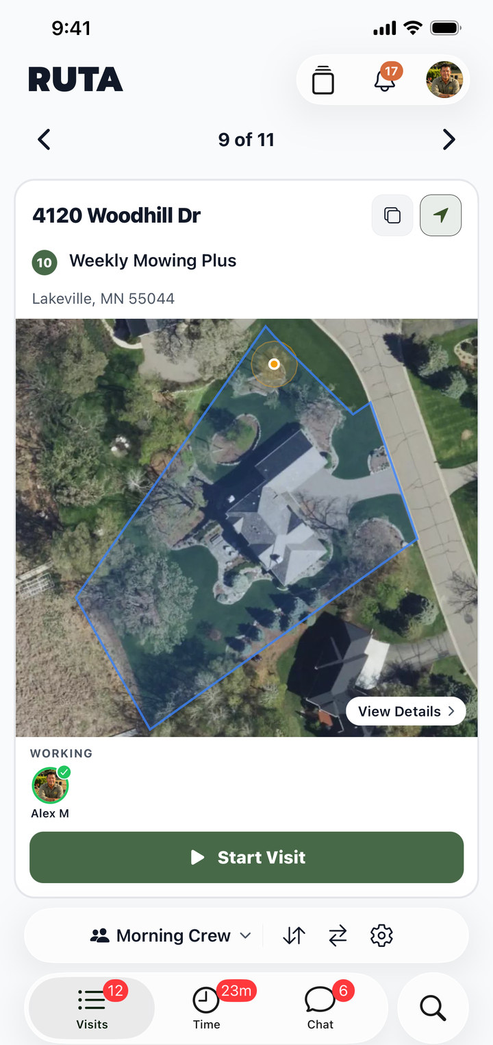 The crew app: the next stop on Alex’s day, the property drawn on the map, and Start Visit